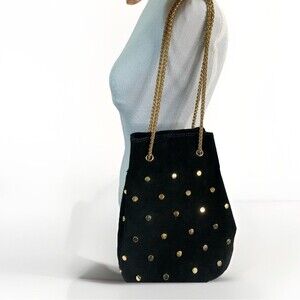 Vintage Black Velvet Studded Bucket Bag Goldtone Chain Handbag Made Hong Kong